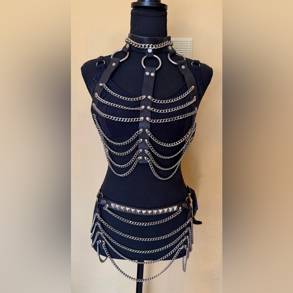 Black Chain & Leather Custom Goth Harness Top and bottom